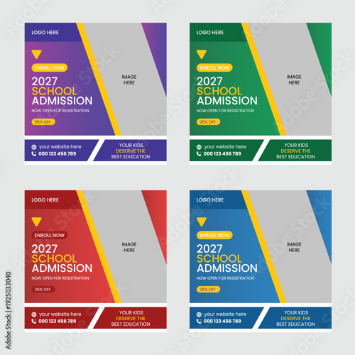 Collection of four customizable school admission flyer templates in different colors with placeholder text for logo image and contact information perfect for educational institutions.