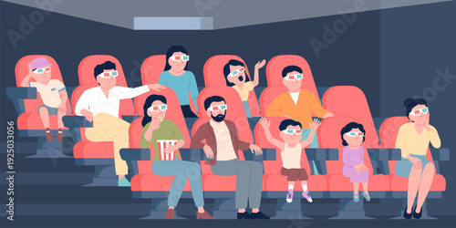 People watching film. Cinema audience, children and adults in movie theater building. Flat characters sitting in red chairs, screaming, eating popcorn, recent vector scene