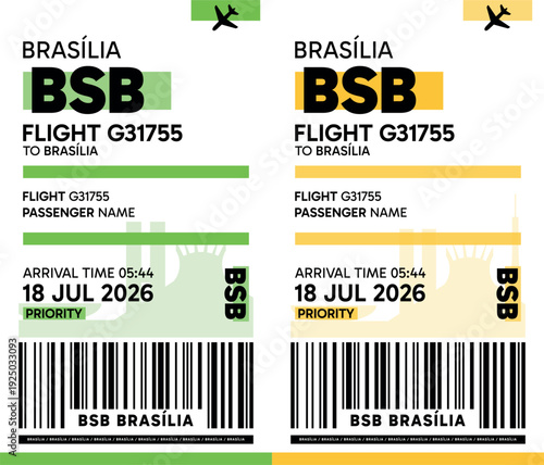 BSB, Brasilia, Brazil luggage label, boarding pass template. Vector minimalist illustration with airport code, city destination, flight info. Flat, modern image layout