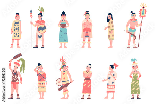 Maya civilization characters. Men woman ancient tribe citizens. Tribal warrior with weapons, shaman, housewife. Aztec culture in traditional clothes, recent vector set