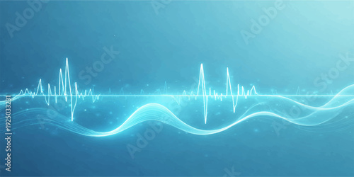 An abstract blue vector illustration of a medical heartbeat cardiogram forming a heart shape on a digital EKG monitor pulse rate frequency graph for healthcare technology