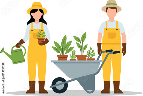 Professional gardeners couple in yellow overalls with watering can and wheelbarrow full of potted plants flat vector illustration