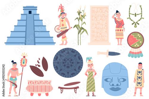 Maya civilization. Ancient aztec culture elements and characters. Tribal men women, shaman or leader and warrior. Pyramid, stone with symbols, flat recent vector elements