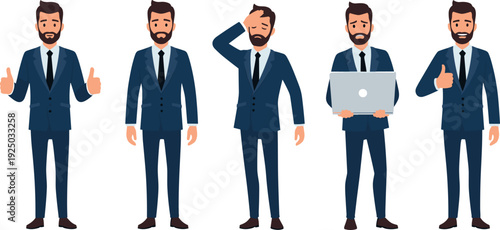 Set of businessman in navy blue suit with beard showing various professional poses including thumbs up and holding laptop flat vector illustration