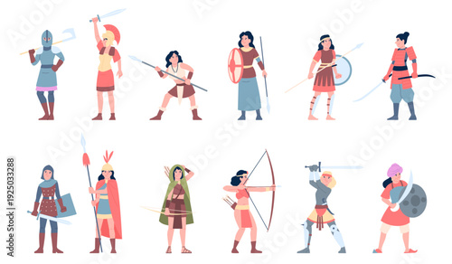 Female warriors. Girl warrior in armor with weapon. Scandinavian, anciet greek and roman war characters. Women with swords and axes, recent vector clipart