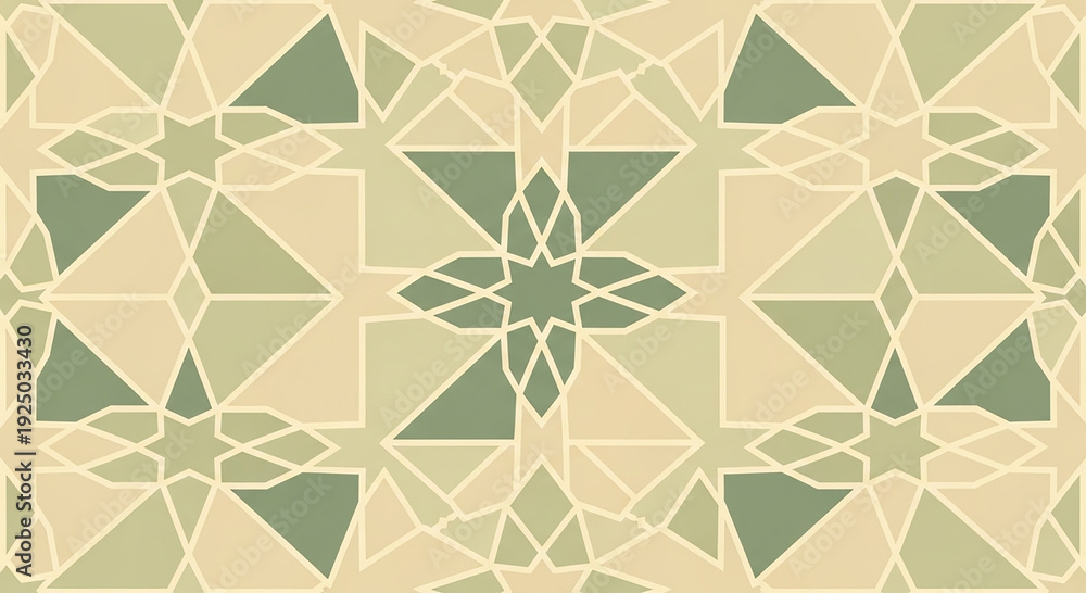 Fototapeta premium Geometric pattern featuring triangular shapes and floral design in shades of green on beige background from a 1 (2).jpg perspective