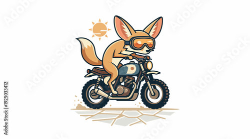 Whimsical Fennec Fox Riding a Dirt Bike Under the Desert Sun, Cartoon Illustration