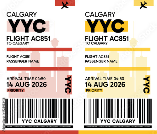 YYC, Calgary, Canada luggage label, boarding pass template. Vector minimalist illustration with airport code, city destination, flight info. Flat, modern image layout