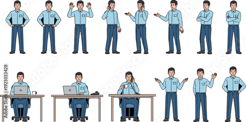 Set of professional man character in various poses standing talking on phone and working on laptop at office desk flat vector