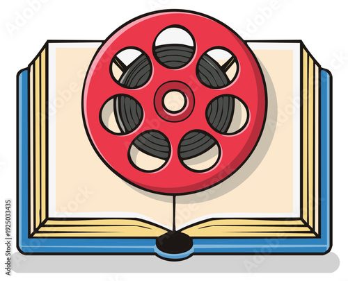 Open book displaying a vibrant red film reel showcasing the intertwining relationship between literature and cinema illustration