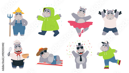 Funny hippo. Cute hippos various poses, cartoon childish mascots. Wild animal dancing, run under rain, cooking. Adorable farmer and athletes, classy vector set