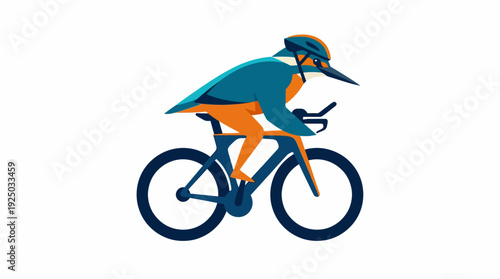 Dynamic illustration of a vibrant kingfisher bird wearing a cycling helmet and riding a sleek racing bicycle, symbolizing speed and agility in sports