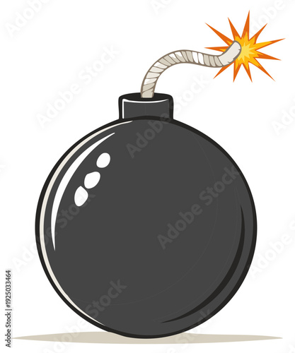 Round Black Bomb with Burning Fuse, Explosive Device, Vector Cartoon Graphic Illustration