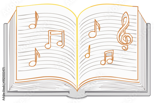 Open book with musical notes and staff lines hand-drawn illustration