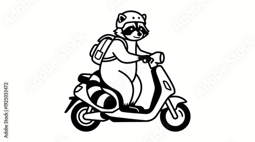 Expressive black and white drawing featuring a cool raccoon in a helmet and backpack, skillfully operating a scooter, symbolizing agile transport and efficient urban logistics