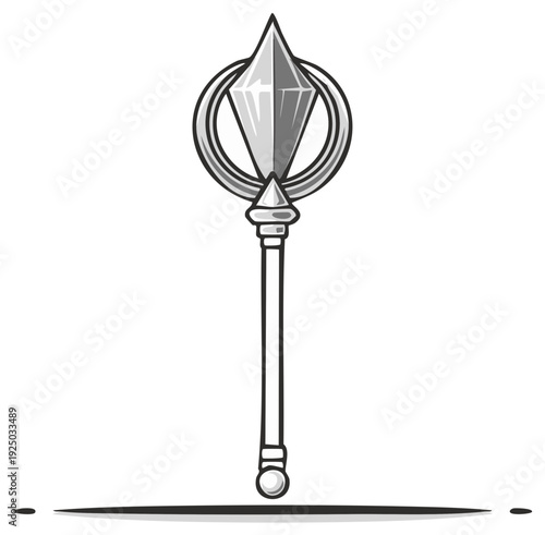 Fantasy staff with crystal orb scepter and magical gemstone design vector illustration