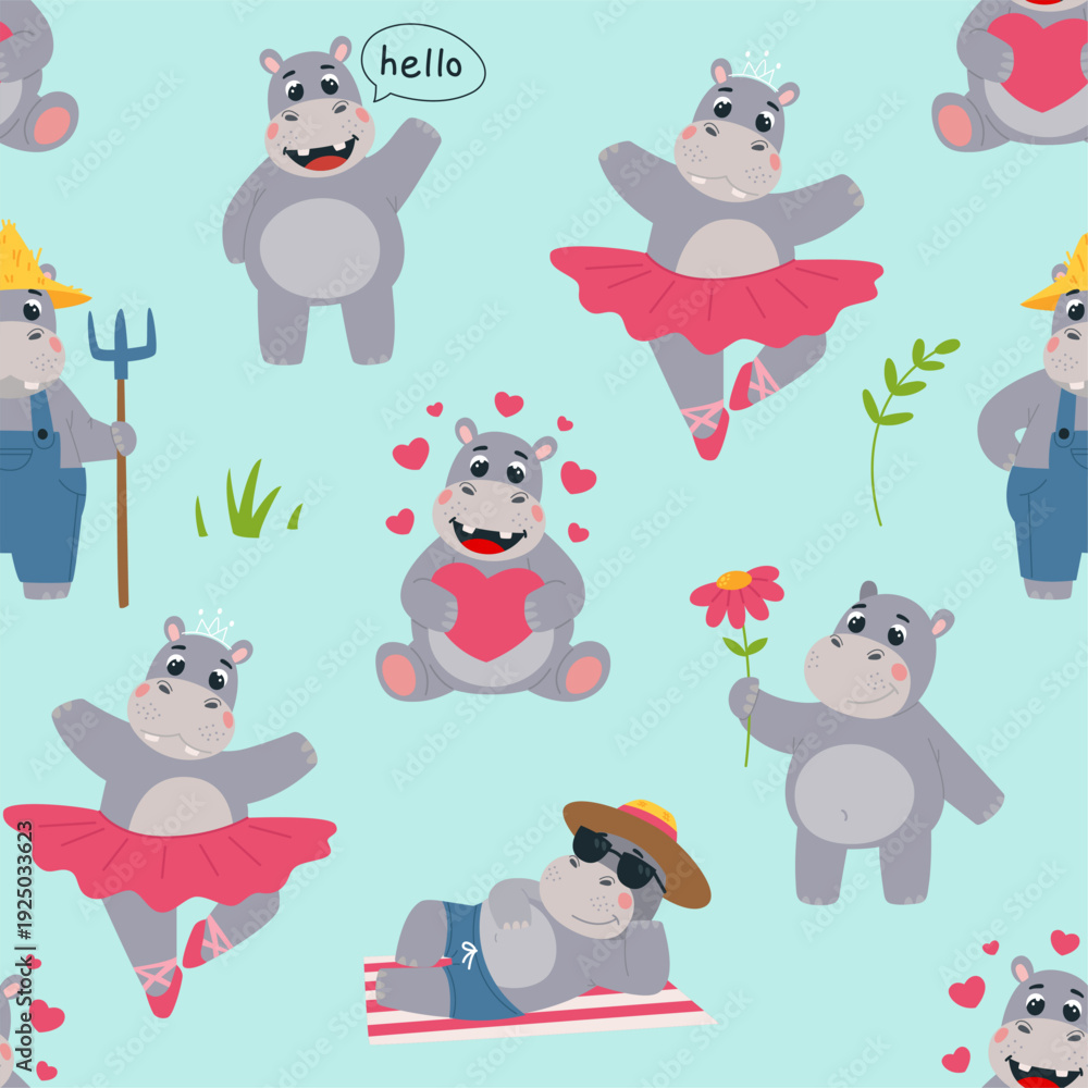 Obraz premium Funny hippo seamless pattern. Happy hippos dancing, farming, in love. Stylish children print for textile, fabric, wallpaper, wrapping, classy vector background