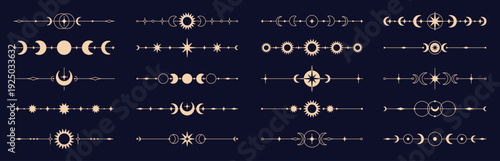Celestial magic dividers. Decorative divider with stars, moon, crescent. Mystic ornamental elements, frames details. Gold borders for invitations, postcard design, racy vector set