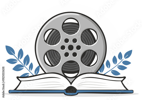 Movie film reel on an open book with decorative foliage illustration depicts storytelling concept