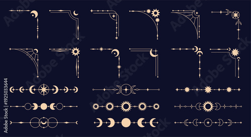 Celestial frames corners. Luxury divider and corner with mystic signs sun, stars, moon and crescent. Decoration for invitation, postcards, banners, racy vector clipart