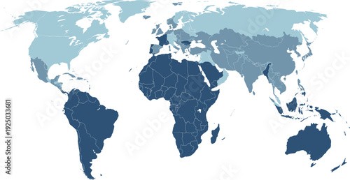 World map vector illustration with countries in blue color shades on white background for global business infographics and international geography concepts