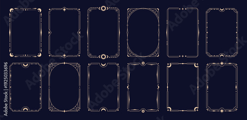 Celestial golden frames. Stylish frame, mystic tarot cards, invitation template. Decorative ornament with lines, moon crescent, sun, stars, racy vector design