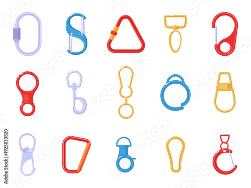 Cartoon carabines. Metal plastic carabiner clasp. Hooks for bags, backpacks, climbing rope. Protecting tools, climb hobby accessories, nowaday vector set