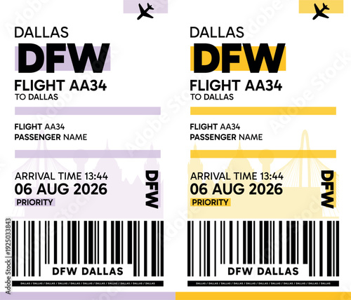 DFW, Dallas, USA luggage label, boarding pass template. Vector minimalist illustration with airport code, city destination, flight info. Flat, modern image layout