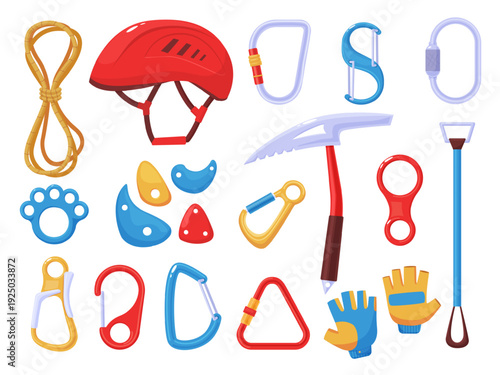 Cartoon climbing equipment. Rope, helmet, metal protection carabines. Extreme sport elements, climb axe, mittens. Professional mountaineering supplies, nowaday vector set