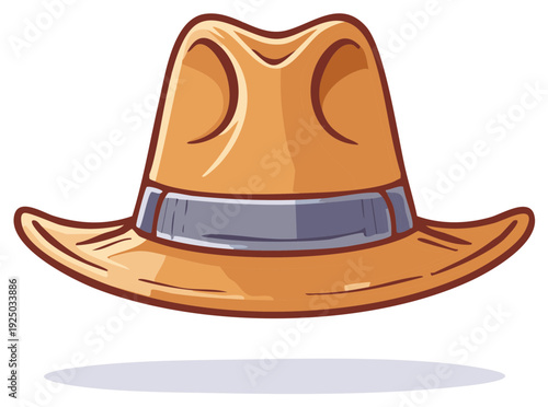 Stylized cartoon of a classic brown fedora hat with a silver band
