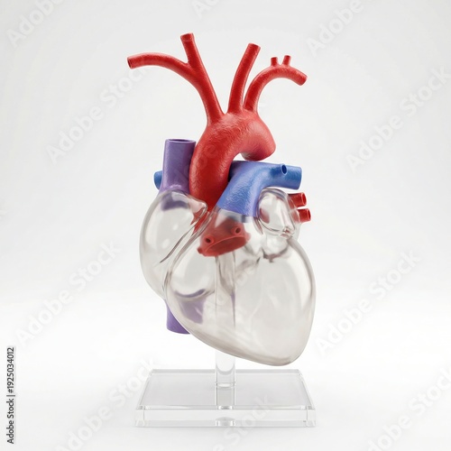 Detailed anatomical model of human heart with ascending aorta and aortic arch branches realistic medical illustration