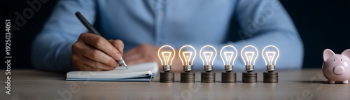 Wallpaper Mural Financial Efficiency: Businessman Analyzing Savings with Glowing Light Bulb Icon Torontodigital.ca