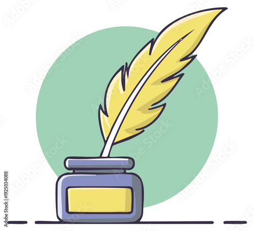 Vintage quill pen dipping into an inkwell with a green circular background and line art accents