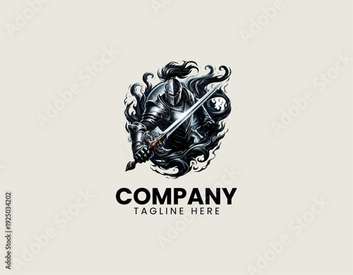 Silver armored knight warrior holding sword is surrounded by burning fire circle