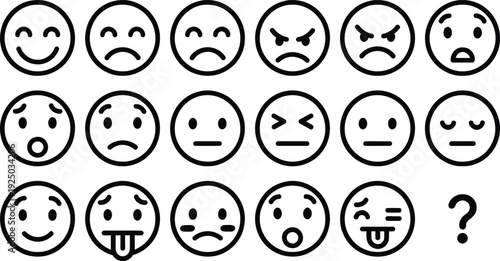 Emotions icon set, 17 icons. Created in line style with black and white color palette.