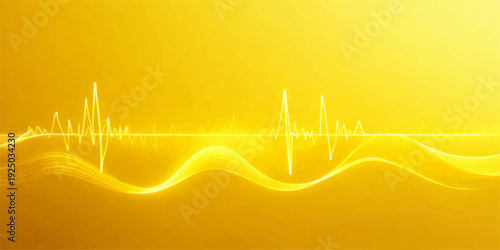 An abstract medical electrocardiogram monitor displays a glowing green pulse wave and blue heartbeat rate line on a graphic digital screen illustration