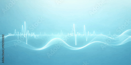 Abstract medical illustration featuring a blue ECG heartbeat pulse wave on a digital monitor graph representing hospital technology and cardiovascular health