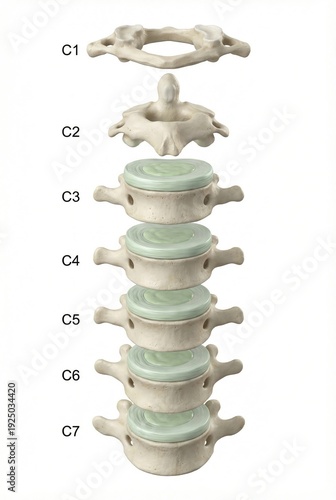 Exploded view of human cervical spine showing atlas axis and typical vertebrae with intervertebral discs realistic medical