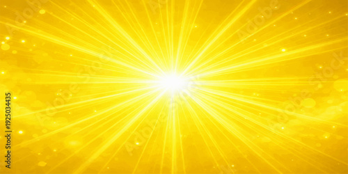 A vibrant abstract sunburst background vector features an orange and yellow summer sunrise with bright glowing rays exploding across a sunny sky illustration