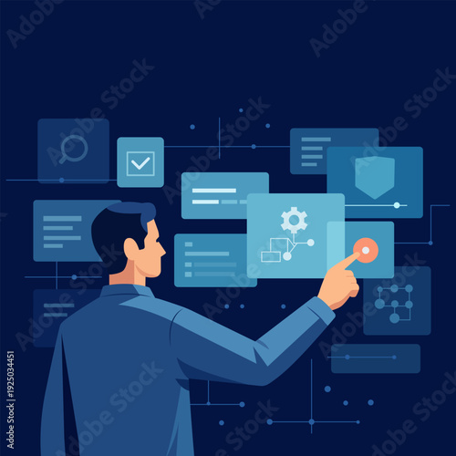 Flat vector illustration of businessman interacting with digital interface panels representing workflow management and software control.