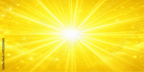 Abstract vector illustration of a bright sunburst background with warm orange rays and a glowing yellow light explosion that creates a sunny summer sunrise design
