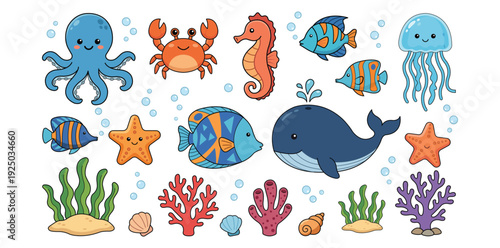 Ocean's delightful creatures: An enchanting illustration presents a vibrant assortment of ocean inhabitants. A whimsical scene unfolds, featuring a playful octopus, a cheerful crab.