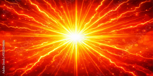 A bright explosion of red fire and orange light radiates energy like a glowing star, creating a powerful sun-like backdrop of hot flames and shining yellow rays in a warm motion texture design