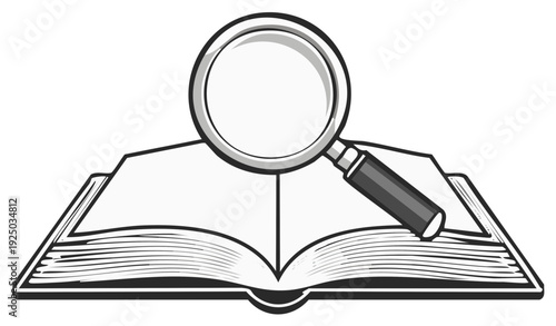 Magnifying Glass Over Open Book Pages, Information Search, Research, Knowledge, Education, Reading Icon