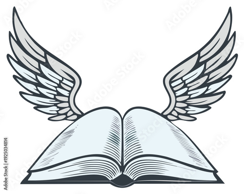 Open Book with Stylized Angel Wings Illustration Representing Knowledge and Learning with a Cartoon Feel