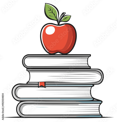 Stack of Books and Red Apple with Green Leaves Education Concept Illustration Reading List for Knowledge Building Study Learning