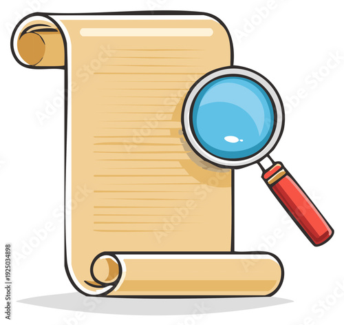 Magnifying glass over ancient scroll, symbolizing research, discovery, and history