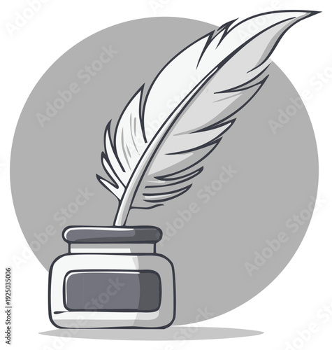 Inkwell with Feather Pen: Classic Quill and Ink Pot Illustration for Writing and Creative Concepts