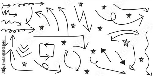 A collection of various black arrows and symbols on a white background with abstract patterns and shapes