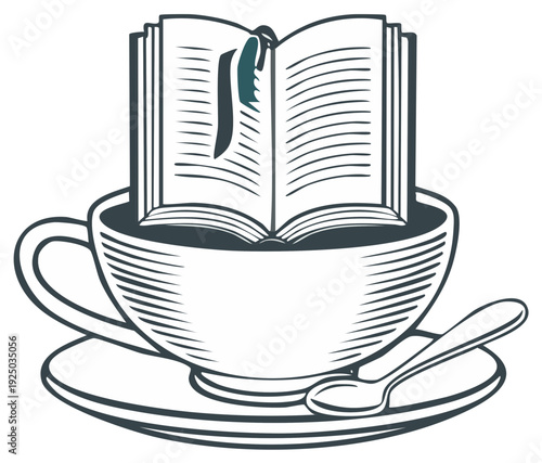 Open Book Inside Coffee Cup with Spoon Illustration